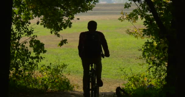 Mann auf dem Fahrrad fährt von der Hügelsilhouette des Mannes im Schatten der Bäume, die er auf den Rasen reitet, nach links ab und verschwindet aus den Augen — Stockvideo