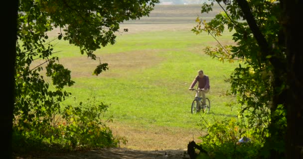 Homem monta na bicicleta ele se levanta na colina árvores verdes e grama ensolarado quente outono dia — Vídeo de Stock