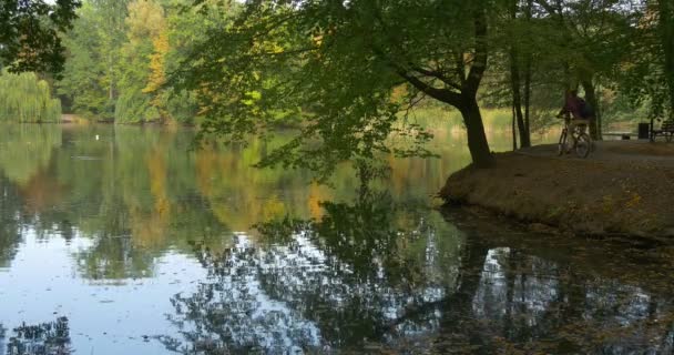Homme en chemise marron avec sac à dos se tient sur le bord du lac vélo se tient près de l'homme obtient sur le vélo et les promenades loin Park Area chaud ensoleillé jour d'automne — Video