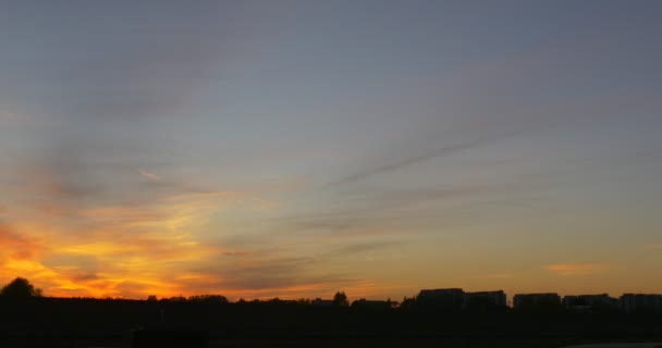 Man by Bicycle is Riding by Man's Silhouette Close Up Bright Yellow Sunset on the Field City on a Horizon Colorful Clouds Trees' Silhouettes — Stock Video