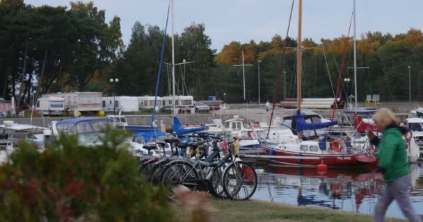 Hombre y mujer mayores caminan en la costa Mujer pasea al perro Aparcamiento de bicicletas en el club de yates de hierba Los yates de puerto están colocados Agua calma Día nublado de verano — Vídeos de Stock