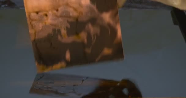 Männerhände in Schutzhandschuhen, die die Ätzung einer Kupferplatte in Säure im Behälter machen Mann nahm die auf Kupfer gravierten Platten heraus — Stockvideo