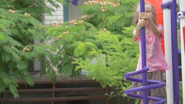 Niños, Niños, Están jugando en el patio de recreo, Niña con camiseta rosa en el patio de recreo, Chica sonriente, en una escalera, Árboles verdes en el fondo — Vídeo de stock