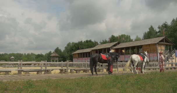 Skådespelare i dräkter som Vladimir stort, Baptiser av Ryssland och hans två krigare i kedjan rustning, repeterade innan leken, står med en hästar — Stockvideo