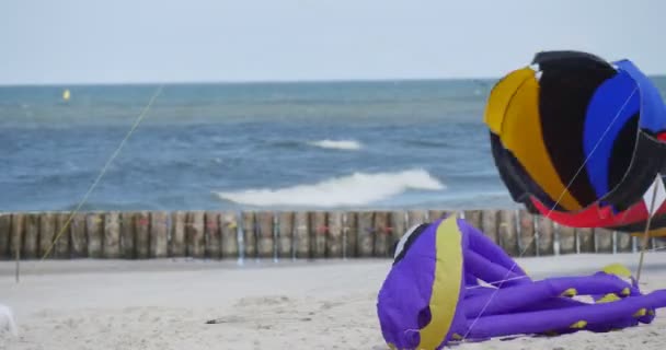 Iniciando um Octopus Air Swimmer - Pessoas preparando seus papagaios e nadadores de ar ou voando-os no festival internacional de pipa em Leba, Polônia . — Vídeo de Stock