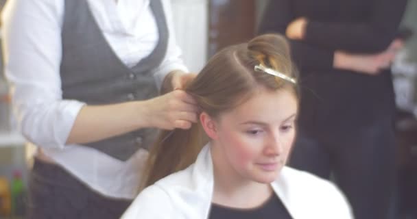 Estilista Peluquería está haciendo el peinado separando los pelos en dos partes fijándolo con Barrette mujer con pelo largo marrón salón de belleza — Vídeos de Stock