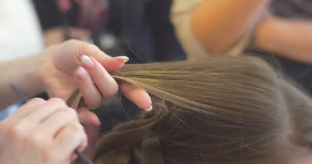 Stilist Kuaför Renkli Sarı Saç Strand Tarama ve Bobby Pin ve Barrette Güzellik Salonu ile Başının Arka Bir Curl olarak sabitleme — Stok video