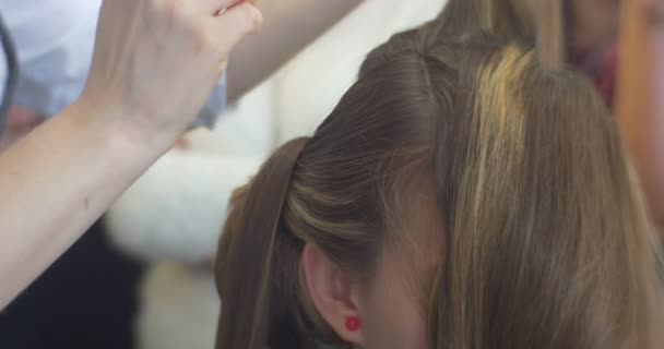 Peluquería estilista está separando las hebras aisladas del cabello y haciendo un bouffant Creando el peinado en el salón de belleza de peluquería de cabellos justos — Vídeos de Stock