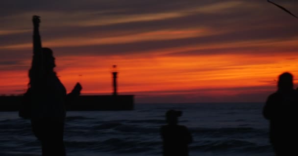 Woman Silhouette is Flying the Kite People Families Silhouettes at Sandy Beach Bright Yellow Sky Sunset Waves on the Sea Pier Evening Kite Festival — Wideo stockowe