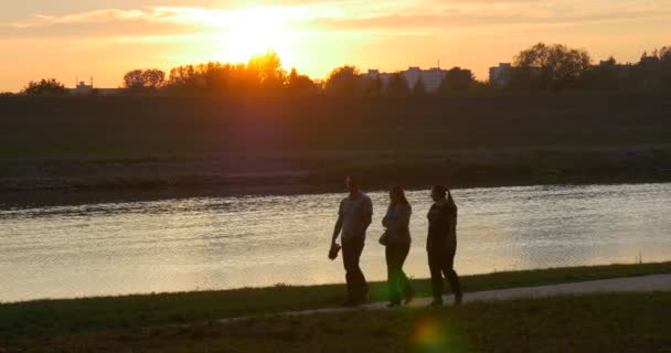 Τρία άτομα δύο γυναίκες και οι άντρες σιλουέτες περπατούν κατά μήκος των κτιρίων του ποταμού κίτρινου ηλιοβασιλέματος της όχθης του ποταμού, σε αντίθετες τράπεζες δέντρα σιλουέτες — Αρχείο Βίντεο