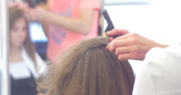 Estilista Peluquería está haciendo los rizos del peinado Cabellos Volumen por Plancha Plancha Strand por Strand Para una mujer con pelo largo Salón de belleza — Vídeo de stock