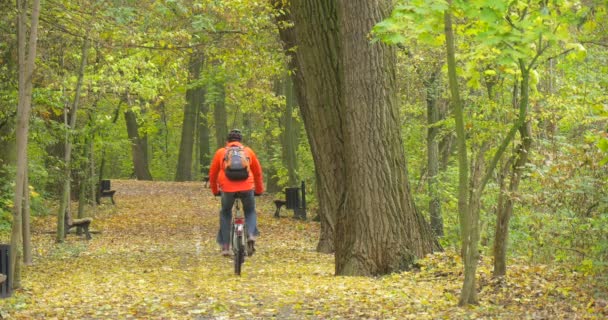 Uomo in giacca arancione e casco da bicicletta di sicurezza Uomo con zaino sta cavalcando la bicicletta lontano da Park Alley in autunno Panche vuote Foglie gialle cadute — Video Stock