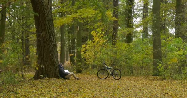 Человек в теплой шляпе Ушанки с ноутбуком фрилансер программист копирайтер Дизайнер бухгалтер сидит под деревом работает падает листья осенью — стоковое видео