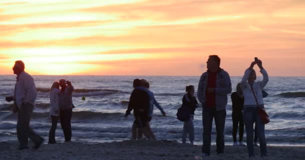 Människor familjer barn tittar på flygande drakar ta Video gå av Sandy Beach vågor av havet på bakgrunden gul solnedgång Kite Festival Łeba — Stockvideo