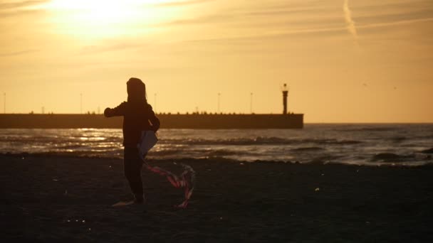 Küçük kız siluet sinekler Sandy Beach insanlar aileler siluetleri üzerinde küçük uçurtma sahil dalgalar yürüyüş günbatımı Uçurtma Şenliği sarı — Stok video