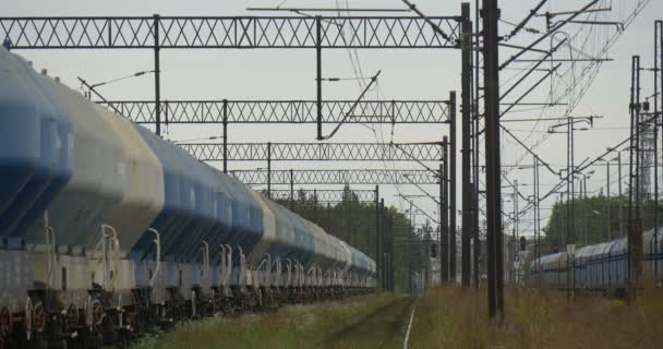 Twee lading treinen staan op het spoorwegnet Contact van elektrische Railroad Rails droog gras bewolkte herfst dag grijze lucht regen Opole Polen — Stockvideo