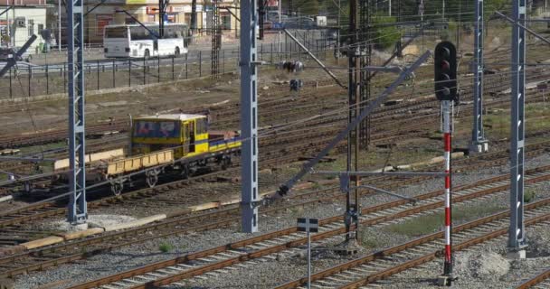 La gente cammina Acroos La locomotiva gialla della ferrovia è in movimento Auto Autobus Treni Stazione Ferroviaria Raccordo Ferroviario Semafori — Video Stock