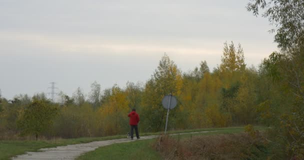 Человек в красной куртке прогуливается с собакой по пешеходной дорожке в парке или лесной дороге поворачивает дорожный знак зеленый и желтые деревья облачный день небо осень на открытом воздухе — стоковое видео