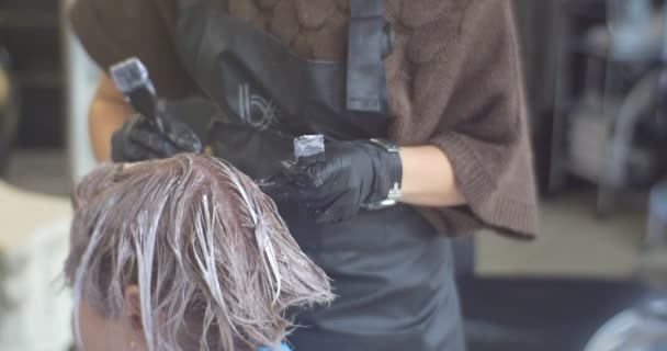 Tintura per capelli Parrucchiere sta facendo la colorazione sui capelli del modello Stilista mani Close Up Modello è seduto in sedia Stilista sta mettendo il colore da spazzola — Video Stock