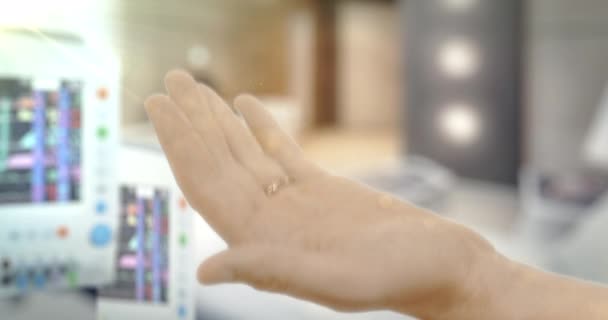 Male Hand is Taking a Capsule Off The Blister Holding a Pills Medicine Monitors of Medical Apparatus with Indicators on Background Hospital Ward — Stock Video