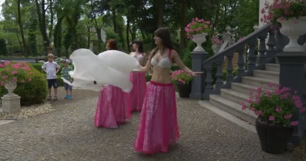 三名女子在肚皮舞服饰白色胸罩粉红色的裙子在跳舞白色球迷转左摇右摆的球迷人正坐在绿色公园 — 图库视频影像