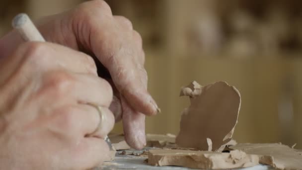 Craftsman is Making a Clay Souvenir Sculpting a Shape from Clay by Knife Hands Close Up Design a Parts of a Souvenir on a Pottery Wheel Disk Workshop — Stock Video