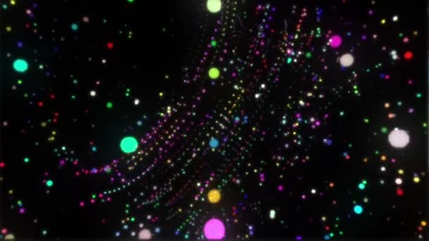 Las partículas coloridas brillan y se mueven caóticamente hacia la música Nube de partículas coloreadas se mueve en el espacio cósmico VJ Video Particle Sound Animation — Vídeos de Stock