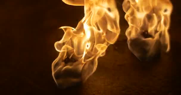 Two Burning Fire Torches Fire Close Up Requisite Props of Dance Troupe After Performing a Fire Dance at Fire Show in Opole Poland Evening Night — Stock Video