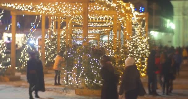 Une foule de personnes au parc de sapins décorés Laps Guirlandes Inslalled at a Wooden Pillars Les gens sont à Sofia Square Célébration du Nouvel An Kiev — Video