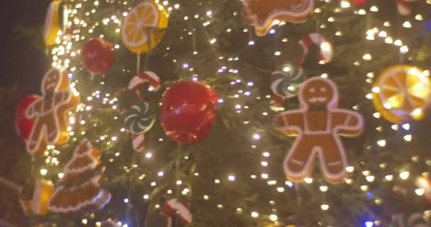 Abete decorato rotante installato a Sofia Square Decor Close Up Uomo Cookie Giocattoli Palle Luci ghirlande su un albero Festa di Capodanno Kiev Ucraina — Video Stock