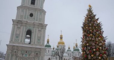 Sofya Kiev Katedrali Yeşil Çatılar Bell Kulesi ile Bir Katedral Ana Yeni Yıl Ağacı Sophia Meydanı Panorama Kar bir Ukrayna düşüyor