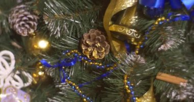 Mavi Altın Kurdeleler Ile Süslenmiş Noel Ağacı Bows Noel Topları Oyuncaklar Bir Ağacın Evergreen Dalları Panorama Yeni Yıl Ağacı Konileri Dekore