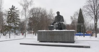 Taras Grigorievich Shevchenko Panorama Wintery Park Ukraynalı Şair ve Konotop Dekore Köknar Oturan Adam Yazar Heykeli Için Anıt
