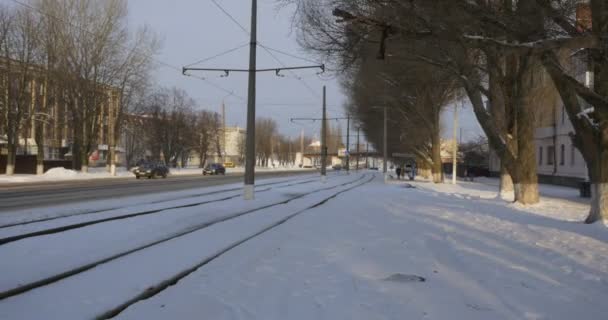 Straßenbahn an der mir avenue Autos fahren entlang der Straße graues Auto ist auf der linken Seite alte Bäume entlang der Straße in konotop Stadt in der Ukraine geparkt — Stockvideo