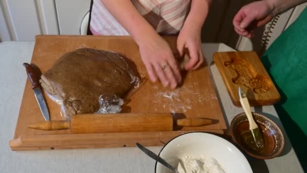 As mãos femininas estão rolando uma massa pelos dedos Amassando antes de colocar em uma forma de cozimento marido mulher mulher mulher idoso casal está cozinhando em sua cozinha — Vídeo de Stock