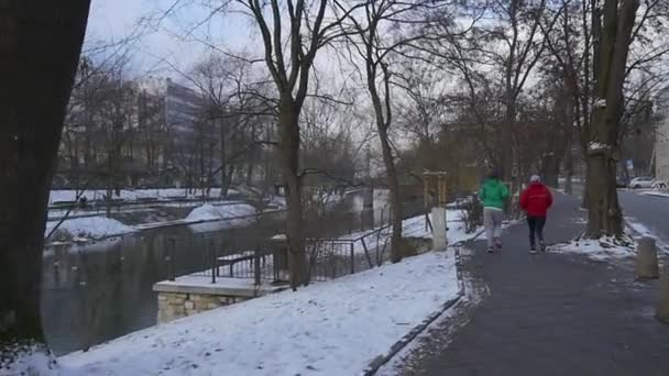 Женщины бегут вместе медленным движением по реке на скамейках на тротуаре в парке рядом с Малой рекой — стоковое видео