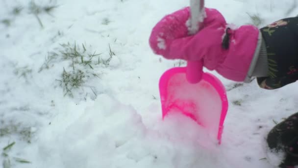 Rakes menina pás uma neve com rosa pá mão na luva rosa fechar edifícios de inverno neve menina gelada em casaco florido e calças cor de rosa — Vídeo de Stock