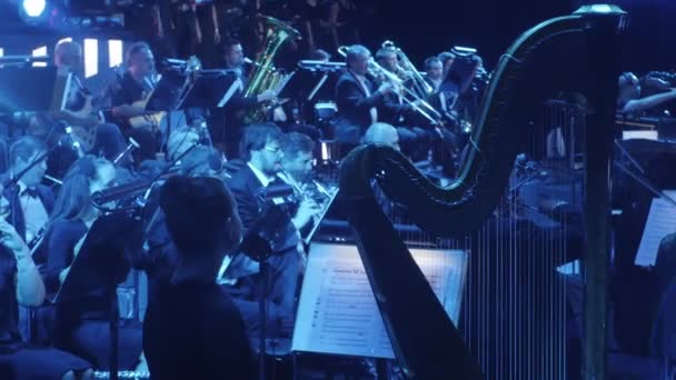 I musicisti stanno suonando strumenti a fiato Violini Arpe I più grandi successi della Rock Symphony Concerto del tour ucraino a Kiev Il direttore d'orchestra è Nikolai Lysenko — Video Stock