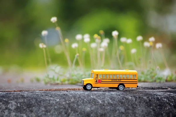 Yellow school bus toy model on country road.