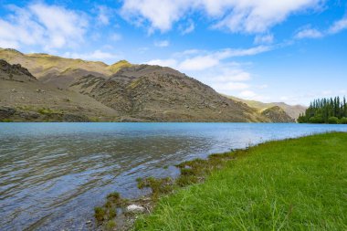 Merkez Otago, Yeni Zelanda 'daki Clutha Nehri' nin diğer yakasında nehir kıyıları akan su ve tepeler..