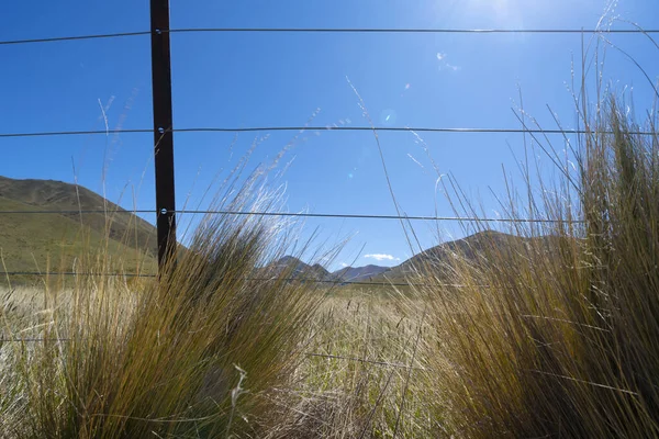 新西兰奥塔戈中部著名的公路旅行林迪斯山口的镜头照明弹覆盖了山峰和长袜山谷 铁丝网围栏和长袜特写在背景下 — 图库照片