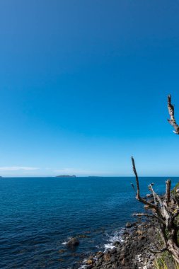 Dikey bileşim, denizin mavi arkaplanı, denizcilik ya da seyahat için mavi gökyüzü altında uzak ufuk.,