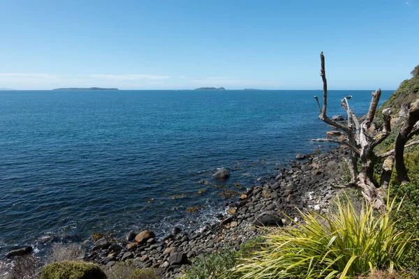 Rocky Coastal Edge Foreground Leading Blue Backgound Sea Distant Horizon — Foto de Stock