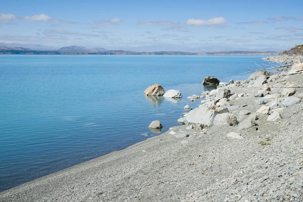 Grey Stony Lake Edge Turquoise Blue Water Snow Feed Scenic — Stock Photo, Image