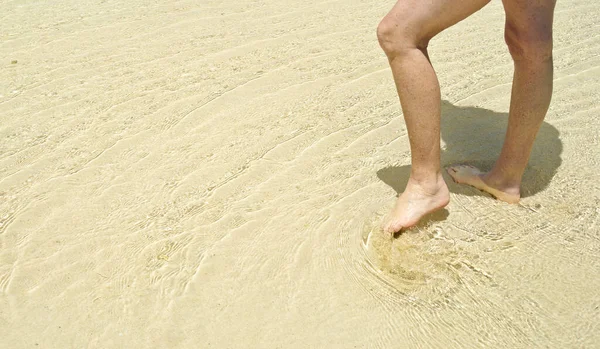 Persons Legs Standing Swishing Shallow Water White Coral Sand Tropical — Stock Photo, Image