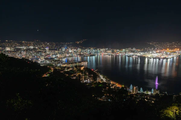水に反射した光の色でビクトリア山から撮影された港を囲むウェリントン市の明るい光 ニュージーランド — ストック写真