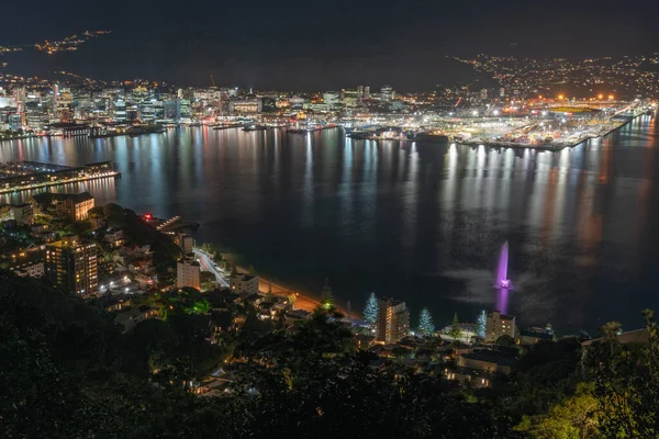 水に反射した光の色でビクトリア山から撮影された港を囲むウェリントン市の明るい光 ニュージーランド — ストック写真