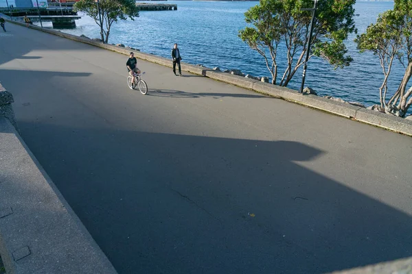 Wellington New Zealand July 2021 Cyclist Walker Moving City Waterfront — Stock Photo, Image