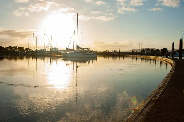 Goldene Sonnenaufgangsbeleuchtung Tauranga Bridge Marina Vertäut Yachten Und Geschwungene Linie — Stockfoto