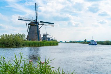 Kinderdijk Hollanda - 22 Ağustos 2017; Su bitkileri ve sıra sıra yel değirmenleri arasında durgun su üzerinde seyahat eden bir bottan turistlere güzel manzaralar gösterildi.